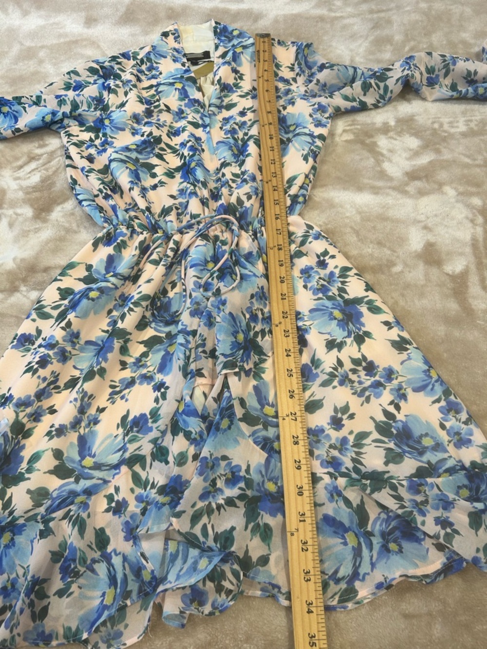 Alexa Admor Floral Mini Dress Blue Blush Elastic Waist Sheer Sleeve Womens sz 2 - Picture 9 of 13